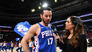 PHILADELPHIA,PA - JANUARY 3 : JJ Redick #17 of the Philadelphia 76ers is interviewed by Molly French after the win against the San Antonio Spurs at Wells Fargo Center on January 3, 2018 in Philadelphia, Pennsylvania NOTE TO USER: User expressly acknowledges and agrees that, by downloading and/or using this Photograph, user is consenting to the terms and conditions of the Getty Images License Agreement. Mandatory Copyright Notice: Copyright 2018 NBAE (Photo by Jesse D. Garrabrant/NBAE via Getty Images)