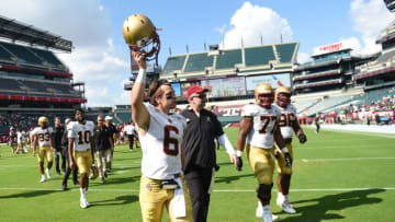 PHILADELPHIA, PA - SEPTEMBER 18: Dennis Grosel #6 of the Boston College Eagles celebrates after the game against the Temple Owls at Lincoln Financial Field on September 18, 2021 in Philadelphia, Pennsylvania. (Photo by Cody Glenn/Getty Images)