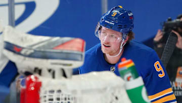 BUFFALO, NY - JANUARY 26: Jack Eichel #9 of the Buffalo Sabres celebrates after scoring on the New York Rangers during the second period at KeyBank Center on January 26 , 2021 in Buffalo, New York. (Photo by Kevin Hoffman/Getty Images)