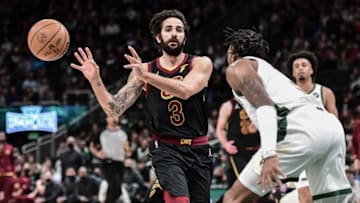 Dec 18, 2021; Milwaukee, Wisconsin, USA; Cleveland Cavaliers guard Ricky Rubio (3) gets a pass away from Milwaukee Bucks guard Javonte Smart (6) in the third quarter at Fiserv Forum. Mandatory Credit: Benny Sieu-USA TODAY Sports