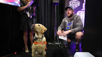 BOSTON, MASSACHUSETTS - MAY 26: Jake Allen #34 of the St. Louis Blues answers questions from a dog during Media Day ahead of the 2019 NHL Stanley Cup Final at TD Garden on May 26, 2019 in Boston, Massachusetts. (Photo by Bruce Bennett/Getty Images)