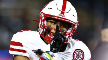 Trey Palmer #3 of the Nebraska football team gestures after scoring (Photo by Rich Schultz/Getty Images)