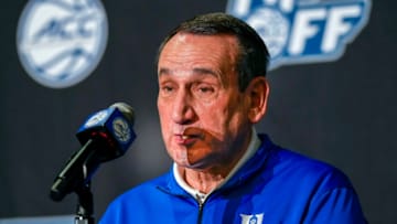 Duke basketball head coach Mike Krzyzewski speaks at ACC Media Day (Jim Dedmon-USA TODAY Sports)