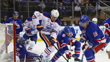 NEW YORK, NY - NOVEMBER 03: Henrik Lundqvist #30 and Dan Girardi #5 of the New York Rangers defend against Milan Lucic #27 of the Edmonton Oilers during the first period at Madison Square Garden on November 3, 2016 in New York City. (Photo by Bruce Bennett/Getty Images)