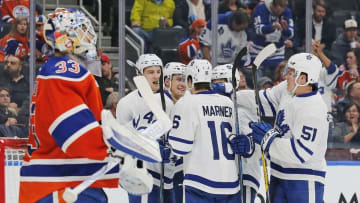 Nov 29, 2016; Edmonton, Alberta, CAN; The Toronto Maple Leafs celebrate a second period goal by forward James van Riemsdyk (25) against the Edmonton Oilers at Rogers Place. Mandatory Credit: Perry Nelson-USA TODAY Sports