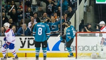 Feb 29, 2016; San Jose, CA, USA; San Jose Sharks defenseman Brent Burns (88) celebrates scoring against the Montreal Canadiens in the second period at SAP Center at San Jose. Mandatory Credit: John Hefti-USA TODAY Sports.