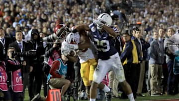 PASADENA, CA - JANUARY 02: Wide receiver JuJu Smith-Schuster #9 of the USC Trojans makes a 22-yard catch against cornerback John Reid #29 of the Penn State Nittany Lions in the fourth quarter during the 2017 Rose Bowl Game presented by Northwestern Mutual at the Rose Bowl on January 2, 2017 in Pasadena, California. (Photo by Sean M. Haffey/Getty Images)