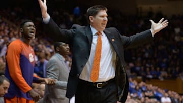 DURHAM, NC - FEBRUARY 21: Head coach Brad Brownell of the Clemson Tigers reacts during their game against the Duke Blue Devils at Cameron Indoor Stadium on February 21, 2015 in Durham, North Carolina. (Photo by Grant Halverson/Getty Images)