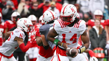 LINCOLN, NE - APRIL 22: Quarterback Jeff Sims #14 of Nebraska Cornhuskers hands off at Memorial Stadium on April 22, 2023 in Lincoln, Nebraska. (Photo by Steven Branscombe/Getty Images)