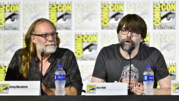 SAN DIEGO, CALIFORNIA - JULY 19: (L-R) Greg Nicotero and Joe Hill speak at the Creepshow Panel at Comic Con 2019 on July 19, 2019 in San Diego, California. (Photo by Jerod Harris/Getty Images for AMC)