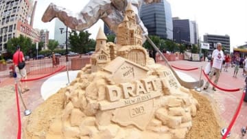 Jun 30, 2013; Newark, NJ, USA; A general view of a sand sculpture with the 2013 NHL Draft logo before the 2013 NHL Draft at the Prudential Center. Mandatory Credit: Ed Mulholland-USA TODAY Sports