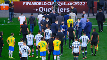 SAO PAULO, BRAZIL - SEPTEMBER 05: Players leave the area after the World Cup Qualifier game between Brazil and Argentina at Arena Corinthians on September 05, 2021 in Sao Paulo, Brazil. The World Cup Qualifier game between Brazil and Argentina has been suspended due to health reasons on Sunday. Brazilian Health Authorities storm field to deport 4 Premier League players accused of not complying with coronavirus rules. (Photo by Marcello Zambrana/Anadolu Agency via Getty Images)