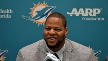 Mar 11, 2015; Davie, FL, USA; Miami Dolphins defensive tackle Ndamukong Suh answers questions from reports at Doctors Hospital Training Facility. Mandatory Credit: Steve Mitchell-USA TODAY Sports