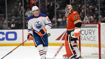 Edmonton Oilers left wing Dylan Holloway (55) celebrates after a goal. Mandatory Credit: Kirby Lee-USA TODAY Sports