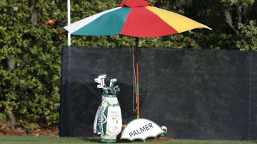 Mar 5, 2020; Orlando, Florida, USA; A spot for Arnold Palmer is marked on the practice range and his bag of clubs is standing by as a tribute to him during the first round of the Arnold Palmer Invitational golf tournament at Bay Hill Club & Lodge. Mandatory Credit: Reinhold Matay-USA TODAY Sports