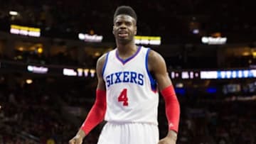 Mar 27, 2015; Philadelphia, PA, USA; Philadelphia 76ers center Nerlens Noel (4) reacts after a score against the Los Angeles Clippers during the second quarter at Wells Fargo Center. Mandatory Credit: Bill Streicher-USA TODAY Sports