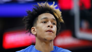 Tre Mann #23 of the Oklahoma City Thunder looks on before the game against the Sacramento Kings at Golden 1 Center on February 05, 2022 in Sacramento, California. NOTE TO USER: User expressly acknowledges and agrees that, by downloading and/or using this photograph, User is consenting to the terms and conditions of the Getty Images License Agreement. (Photo by Lachlan Cunningham/Getty Images)