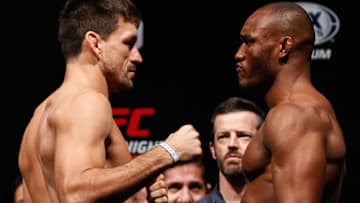 SANTIAGO, CHILE - MAY 18: Demian Maia (L) of Brazil and Kamaru Usman of Nigeria face off during during the UFC Fight Night weigh-in at Movistar Arena on May 18, 2018 in Santiago, Chile. (Photo by Buda Mendes/Zuffa LLC/Zuffa LLC via Getty Images)