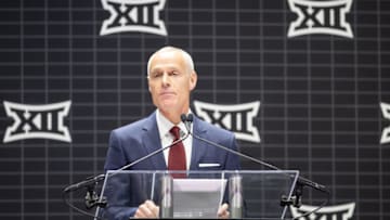 Oct 17, 2023; Kansas City, MO, USA; Big 12 commissioner Brett Yormark speaks to the press at the Big 12 Womens Basketball Tipoff at T-Mobile Center. Mandatory Credit: Kylie Graham-USA TODAY Sports
