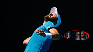 MELBOURNE, AUSTRALIA - JANUARY 16: Steve Johnson of the United States serves in his first round match against Denis Kudla of the United States on day two of the 2018 Australian Open at Melbourne Park on January 16, 2018 in Melbourne, Australia. (Photo by Scott Barbour/Getty Images)
