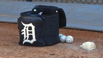 LAKELAND, FL - FEBRUARY 28: A Detroit Tigers equipment bag sits on the field prior to the Spring Training game against the Toronto Blue Jays at Publix Field at Joker Marchant Stadium on February 28, 2020 in Lakeland, Florida. The Blue Jays defeated the Tigers 5-4. (Photo by Mark Cunningham/MLB Photos via Getty Images)