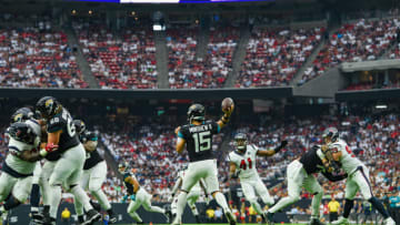 HOUSTON, TX - SEPTEMBER 15: Jacksonville Jaguars quarterback Gardner Minshew (15) looks to pass downfield during first half action during the football game between the Jacksonville Jaguars and Houston Texans at NRG Stadium on September 15, 2019 in Houston, Texas. (Photo by Ken Murray/Icon Sportswire via Getty Images)