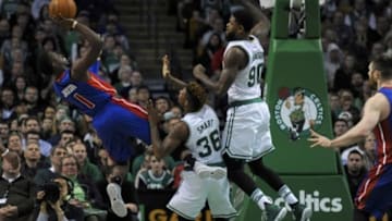 Jan 6, 2016; Boston, MA, USA; Detroit Pistons guard Reggie Jackson (1) shoots the ball after getting fouled by Boston Celtics guard Marcus Smart (36) during the second half at TD Garden. Mandatory Credit: Bob DeChiara-USA TODAY Sports