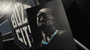 Apr 23, 2016; Charlotte, NC, USA; A stylized portrait of Charlotte Hornets guard Kemba Walker (15) is displayed in the arena before game three of the first round of the NBA Playoffs against the Miami Heat at Time Warner Cable Arena. Mandatory Credit: Sam Sharpe-USA TODAY Sports