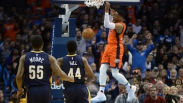 Dec 4, 2016; Oklahoma City, OK, USA; Oklahoma City Thunder guard Russell Westbrook (0) dunks the ball against the New Orleans Pelicans during the first quarter at Chesapeake Energy Arena. Mandatory Credit: Mark D. Smith-USA TODAY Sports