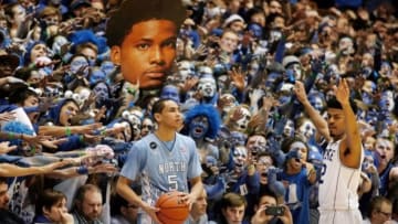 Feb 18, 2015; Durham, NC, USA; North Carolina Tar Heels guard Marcus Paige (5) prepares to throw the ball in against the Duke Blue Devils in their game at Cameron Indoor Stadium. Mandatory Credit: Mark Dolejs-USA TODAY Sports