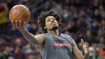 Jan 9, 2016; Philadelphia, PA, USA; Toronto Raptors center Lucas Nogueira (92) warms up before action against the Philadelphia 76ers at Wells Fargo Center. The Raptors won 108-95. Mandatory Credit: Bill Streicher-USA TODAY Sports