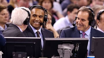 INDIANAPOLIS, IN - APRIL 04: CBS TV correspondents (L-R) Bill Raftery, Grant Hill and Jim Nantz speak as the Duke Blue Devils and the Michigan State Spartans play during the NCAA Men's Final Four Semifinal at Lucas Oil Stadium on April 4, 2015 in Indianapolis, Indiana. (Photo by Streeter Lecka/Getty Images)