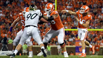 CLEMSON, SOUTH CAROLINA - SEPTEMBER 21: Quarterback Trevor Lawrence #16 of the Clemson Tigers attempts a pass during the first quarter of the Tigers' football game against the Charlotte 49ers at Memorial Stadium on September 21, 2019 in Clemson, South Carolina. (Photo by Mike Comer/Getty Images)