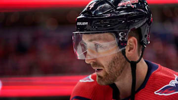 WASHINGTON, DC - APRIL 20: Brooks Orpik #44 of the Washington Capitals warms up before playing against the Carolina Hurricanes in Game Five of the Eastern Conference First Round during the 2019 NHL Stanley Cup Playoffs at Capital One Arena on April 20, 2019 in Washington, DC. (Photo by Patrick McDermott/NHLI via Getty Images)