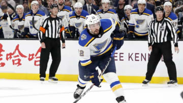 BOSTON, MA - OCTOBER 26: St. Louis Blues defenseman Justin Faulk (72) shoots during a game between the Boston Bruins and the St. Louis Blues on October 26, 2019, at TD Garden in Boston, Massachusetts. (Photo by Fred Kfoury III/Icon Sportswire via Getty Images)