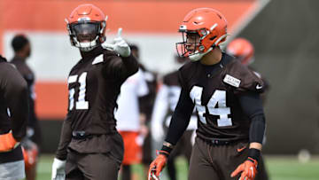 May 15, 2019; Berea, OH, USA; Cleveland Browns linebacker Sione Takitaki (44) and linebacker Mack Wilson (51) during organized team activities at the Cleveland Browns training facility. Mandatory Credit: Ken Blaze-USA TODAY Sports