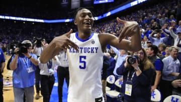 LEXINGTON, KENTUCKY - DECEMBER 28: Immanuel Quickley #5 of the Kentucky Wildcats celebrates after 78-70 OT win against the Louisville Cardinals at Rupp Arena on December 28, 2019 in Lexington, Kentucky. (Photo by Andy Lyons/Getty Images)