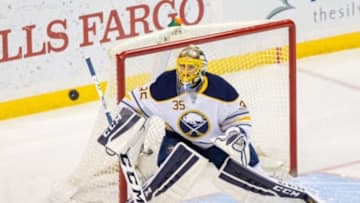 Jan 12, 2016; Saint Paul, MN, USA; Buffalo Sabres goalie Linus Ullmark (35) watches the puck in the third period against the Minnesota Wild at Xcel Energy Center. The Buffalo Sabres beat the Minnesota Wild 3-2. Mandatory Credit: Brad Rempel-USA TODAY Sports