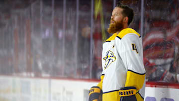 RALEIGH, NORTH CAROLINA - MAY 17: Ryan Ellis #4 of the Nashville Predators looks on prior to Game One of the First Round of the 2021 Stanley Cup Playoffs against the Carolina Hurricanes at PNC Arena on May 17, 2021 in Raleigh, North Carolina. (Photo by Jared C. Tilton/Getty Images)