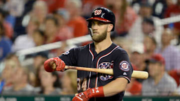 WASHINGTON, DC - AUGUST 17: Bryce Harper #34 of the Washington Nationals gets ready to bat against the Miami Marlins at Nationals Park on August 17, 2018 in Washington, DC. (Photo by G Fiume/Getty Images)