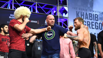 LAS VEGAS, NV - OCTOBER 05: (L-R) Opponents Khabib Nurmagomedov of Russia and Conor McGregor of Ireland face off during the UFC 229 weigh-in inside T-Mobile Arena on October 5, 2018 in Las Vegas, Nevada. (Photo by Jeff Bottari/Zuffa LLC/Zuffa LLC via Getty Images)