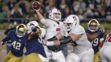 SOUTH BEND, IN - SEPTEMBER 29: K.J. Costello #3 of the Stanford Cardinal throws the ball during the first half of the game against the Notre Dame Fighting Irish at Notre Dame Stadium on September 29, 2018 in South Bend, Indiana. (Photo by Michael Hickey/Getty Images)
