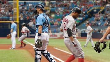 Sep 25, 2016; St. Petersburg, FL, USA; Boston Red Sox short stop Xander Bogaerts (2) scores a run in the first inning against the Tampa Bay Rays at Tropicana Field. Mandatory Credit: Jeff Griffith-USA TODAY Sports