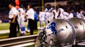 ORCHARD PARK, NY - AUGUST 28: A helmet for the Detroit Lions sits on the sidelines during the second half of a preseason game against the Buffalo Bills at Ralph Wilson Stadium on August 28, 2014 in Orchard Park, New York. (Photo by Michael Adamucci/Getty Images)