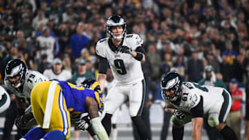 LOS ANGELES, CA - DECEMBER 16: Quarterback Nick Foles #9 of the Philadelphia Eagles motions during the second quarter against the Los Angeles Rams at Los Angeles Memorial Coliseum on December 16, 2018 in Los Angeles, California. (Photo by Harry How/Getty Images)