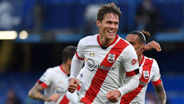 Southampton's Danish defender Jannik Vestergaard celebrates scoring during the English Premier League football match between Chelsea and Southampton at Stamford Bridge in London on October 17, 2020. (Photo by Ben STANSALL / POOL / AFP) / RESTRICTED TO EDITORIAL USE. No use with unauthorized audio, video, data, fixture lists, club/league logos or 'live' services. Online in-match use limited to 120 images. An additional 40 images may be used in extra time. No video emulation. Social media in-match use limited to 120 images. An additional 40 images may be used in extra time. No use in betting publications, games or single club/league/player publications. / (Photo by BEN STANSALL/POOL/AFP via Getty Images)