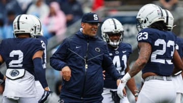 STATE COLLEGE, PA - APRIL 15: Head coach James Franklin of the Penn State Nittany Lions interacts with players before the Penn State Spring Football Game at Beaver Stadium on April 15, 2023 in State College, Pennsylvania. (Photo by Scott Taetsch/Getty Images)