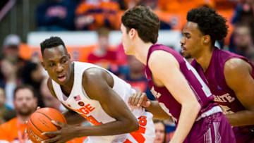 SYRACUSE, NY - NOVEMBER 21: Bourama Sidibe #34 of the Syracuse Orange handles the ball during the first half against the Colgate Raiders at the Carrier Dome on November 21, 2018 in Syracuse, New York. (Photo by Brett Carlsen/Getty Images)