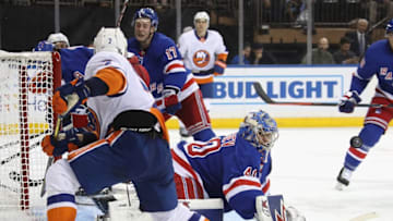 NEW YORK, NEW YORK - SEPTEMBER 24: Alexandar Georgiev #40 of the New York Rangers makes the third period save on Jordan Eberle #7 of the New York Islanders at Madison Square Garden on September 24, 2019 in New York City. The Rangers defeated the Islanders 3-1. (Photo by Bruce Bennett/Getty Images)