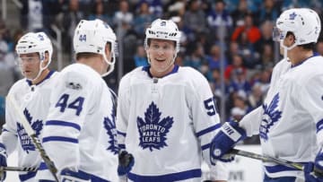 SAN JOSE, CA - OCTOBER 30: Morgan Rielly #44 and Jake Gardiner #51 of the Toronto Maple Leafs talk during the game against the San Jose Sharks at SAP Center on October 30, 2017 in San Jose, California. (Photo by Rocky W. Widner/NHL/Getty Images)